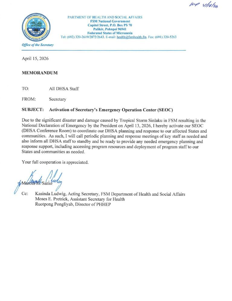 Activation of Secretary’s Emergency Operation Center (SEOC) Following Tropical Storm Sinlaku