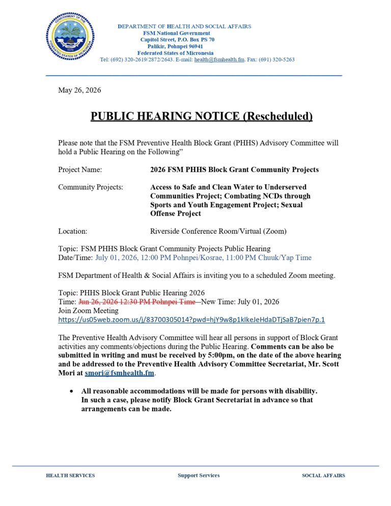 PUBLIC HEARING NOTICE (Rescheduled) – 2026 FSM PHHS Block Grant Community Projects